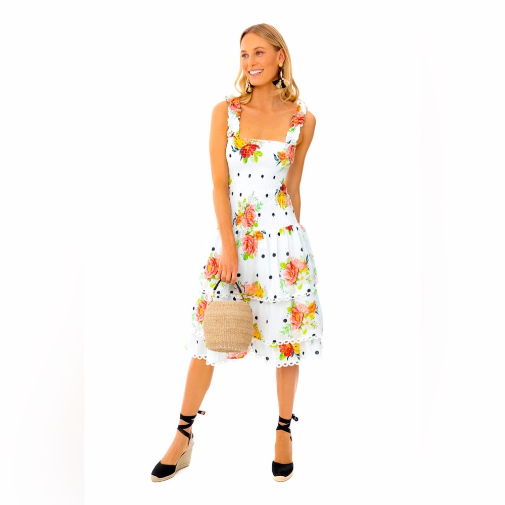Farm Rio White Nanaju Swiss Dot Smocked Drop Waist Midi Dress. Size Small.